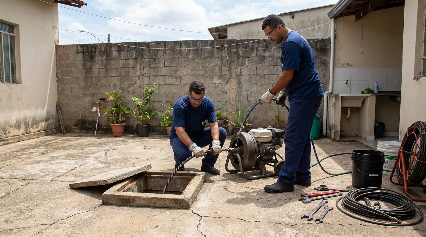 Desentupimento de esgoto residencial em Hortolândia‑SP