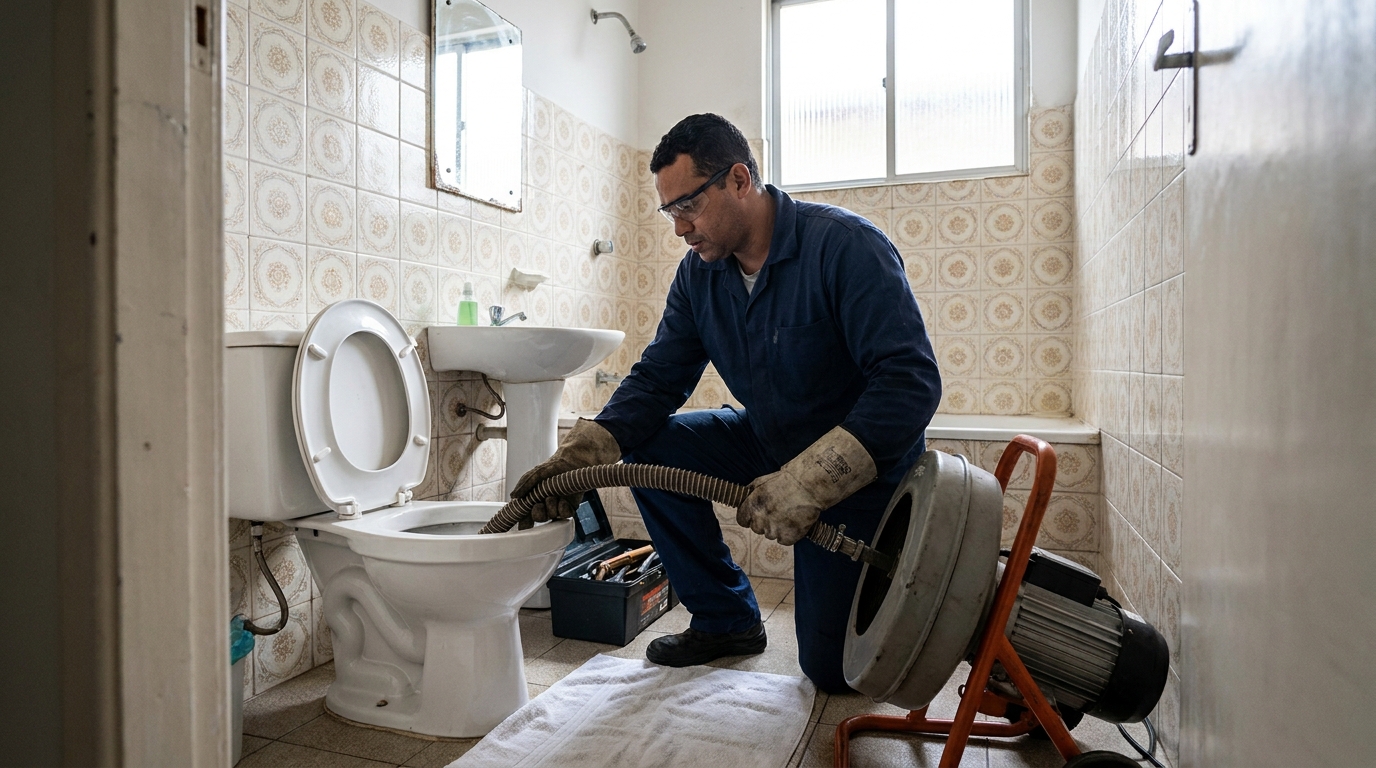 Encanador desentupindo vaso em Hortolândia‑SP
