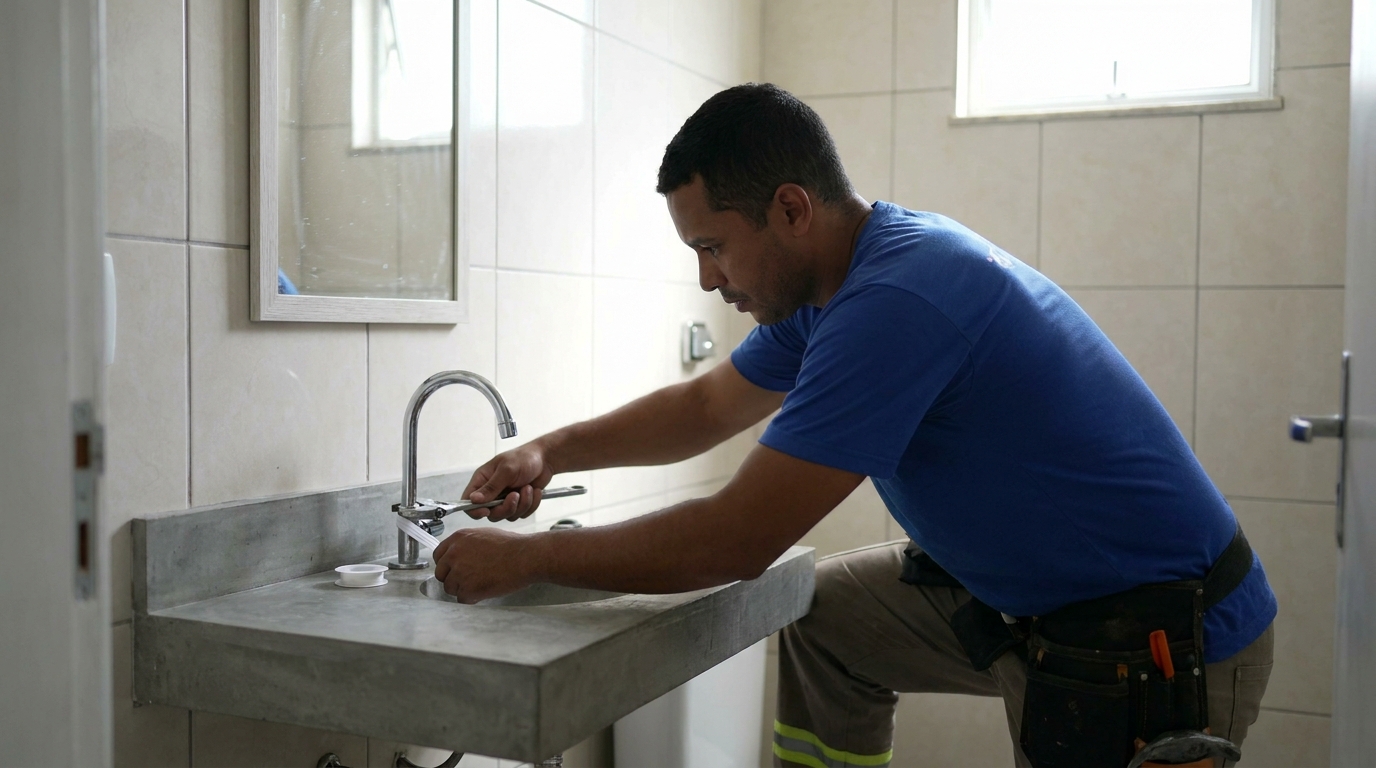 Encanador instalando torneira em Hortolândia‑SP