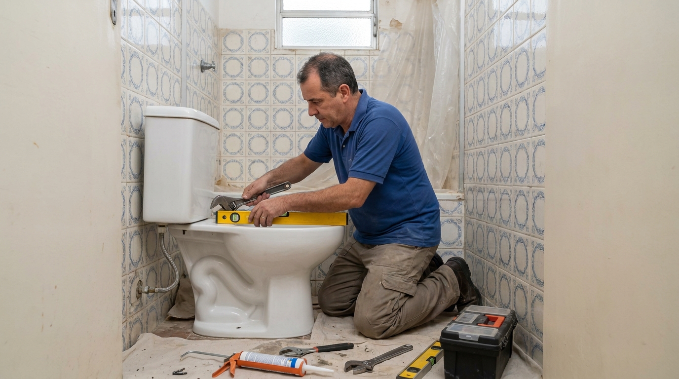 Técnico instalando vaso sanitário em Hortolândia‑SP